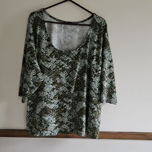 Jessica London Olive and White Scoop Neck Top, Plus Sz 30-32